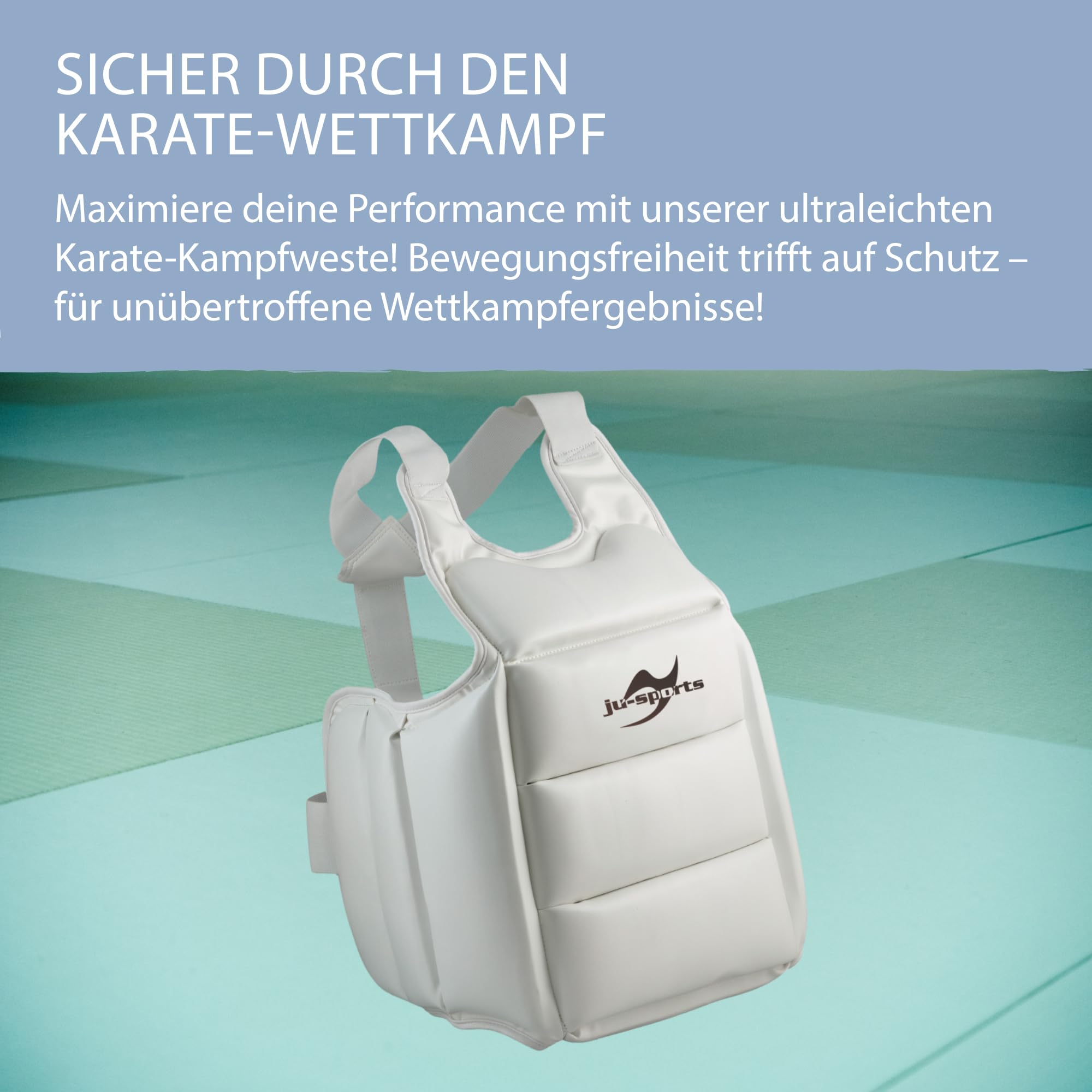 Ju-Sports Kampfweste Karate - weiß I Leichte Weste für Karate Wettkämpfe I Schnell anzulegende Kampfweste die optimal sitzt I PU-Material, Größe S-XL
