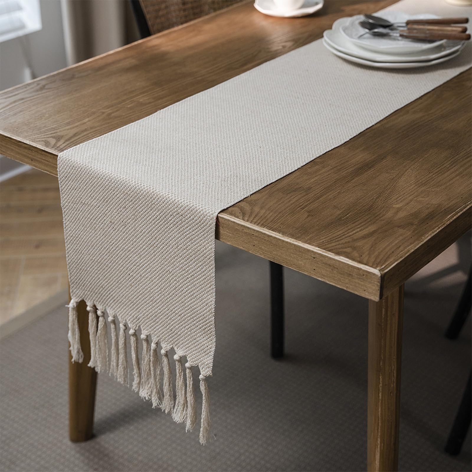 Beige Tischläufer Polyester, Makramee Boho Tischläufer Dekostoff Abwaschbar Tischband Einfache Einfarbig Gewebter mit Quasten Tischdecke für Küche Esszimmer Dekor, 33x240 cm, Beige
