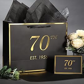 momoake 70th Birthday Gift Bag with Card and Tissue Paper for Men Women, 1955 70 Year Old 13 Elegant Black Gold Anniversary Keepsake Party Present Shopping Paper Bags for Gifts Wrapping