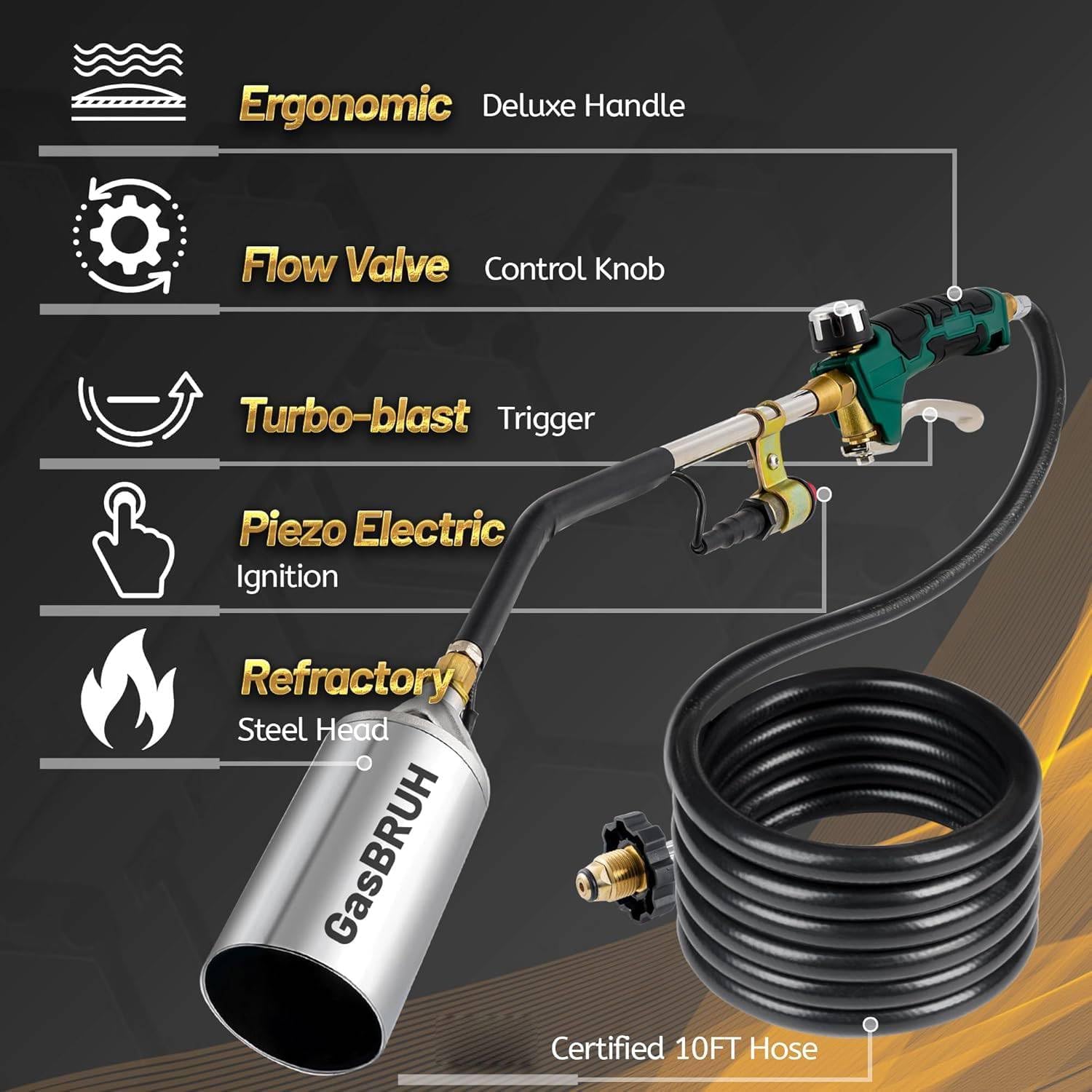 Propane Torch Burner Weed Torch,360,000 BTU Heavy Duty Blow Torch with Turbo Trigger and 10 FT Hose,propane weed burner torch with Igniter,Flame throwe for Weed,Garden,Wood,Charcoal,Ice Snow