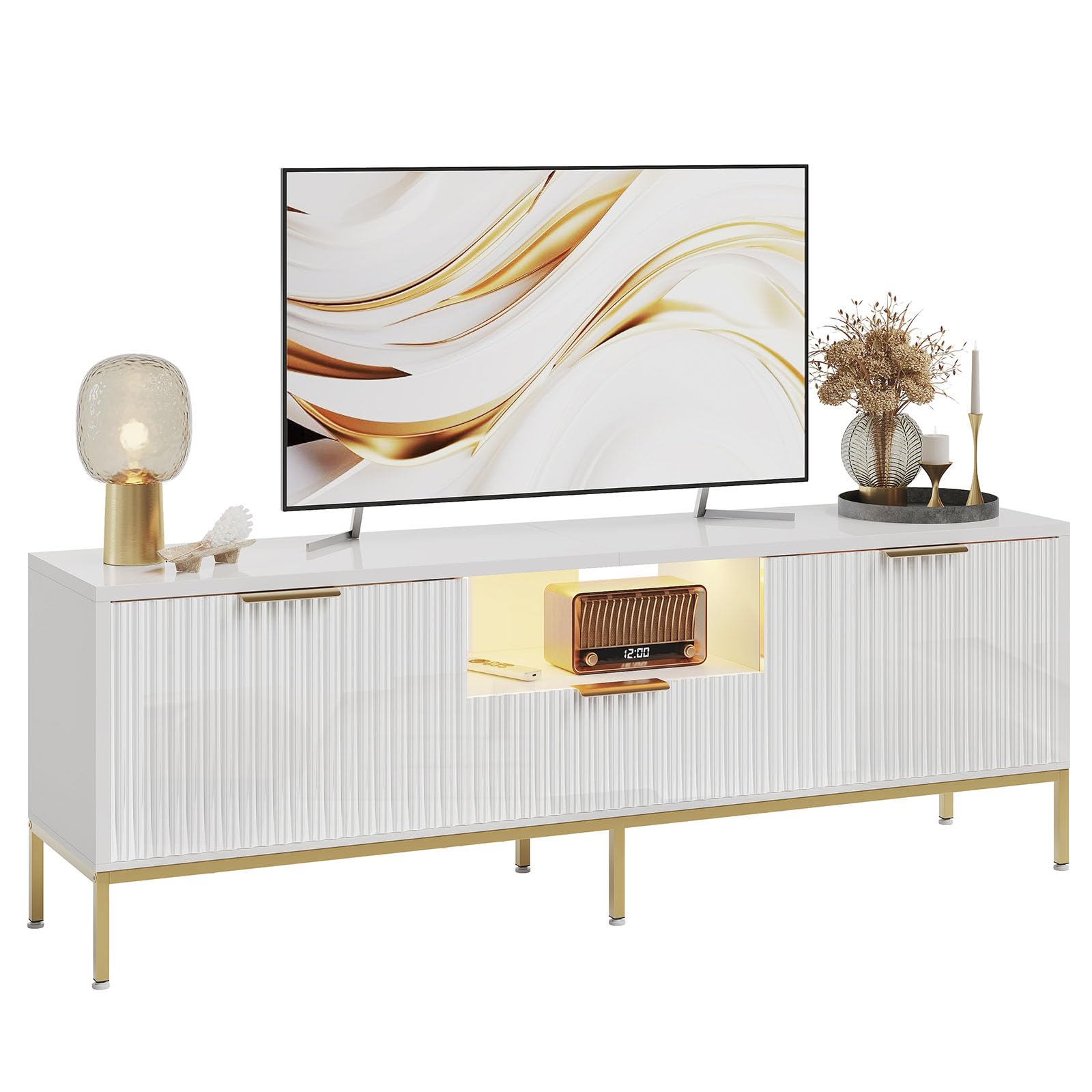 Bestier Meuble TV pour téléviseurs 55/60 Pouces, Meuble multimédia Moderne avec Rangement, Console multimédia avec Motif ondulé pour Salon et Chambre à Coucher, Blanc Brillant
