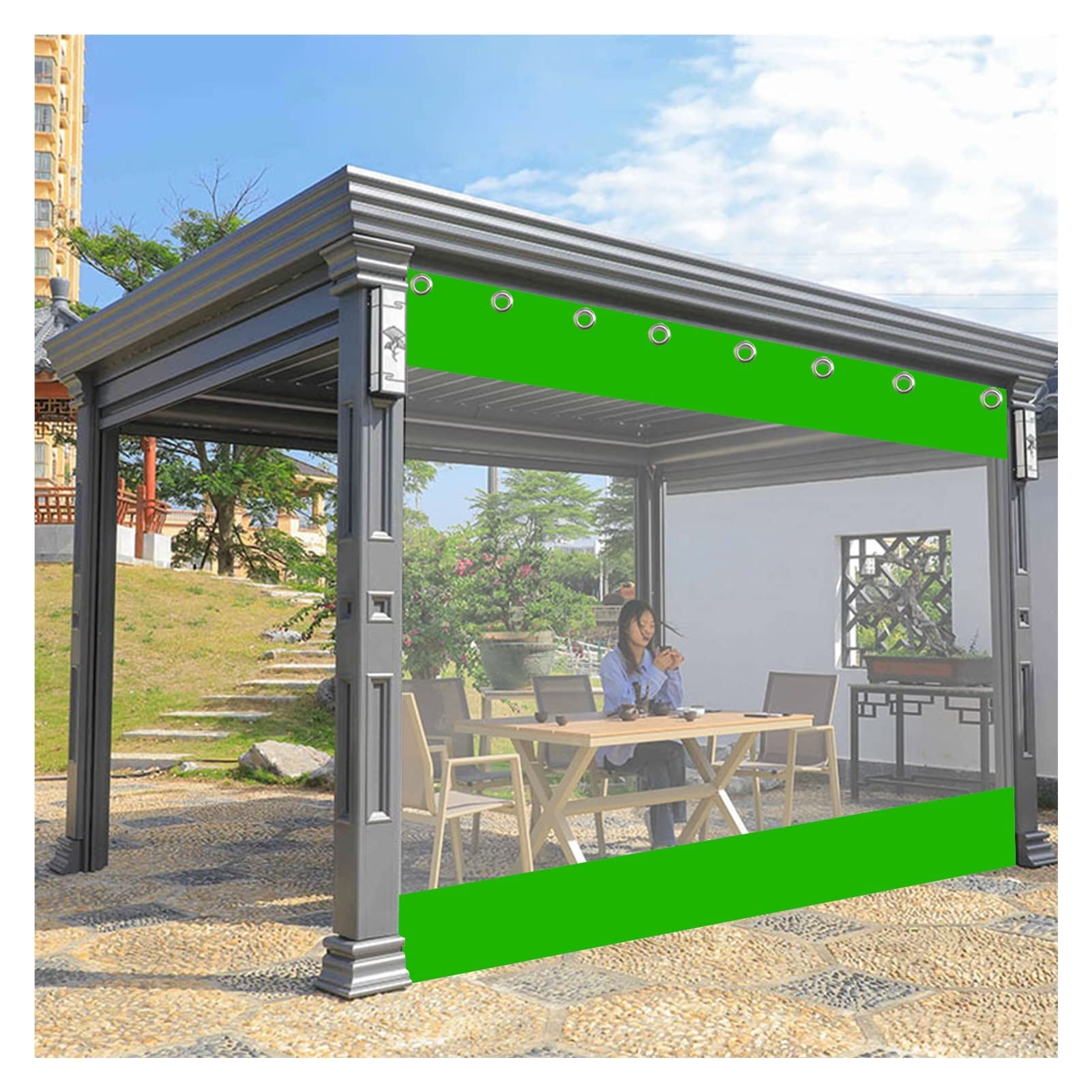 VagxTbs Multiple Colour Outdoor Curtain Heavy-duty Clear Workshop Curtain Garden Patio Gazebo Heavy-duty Waterproof Tarpaulin Side Panels (Green,2.5x2.4m/8.2x7.87ft)