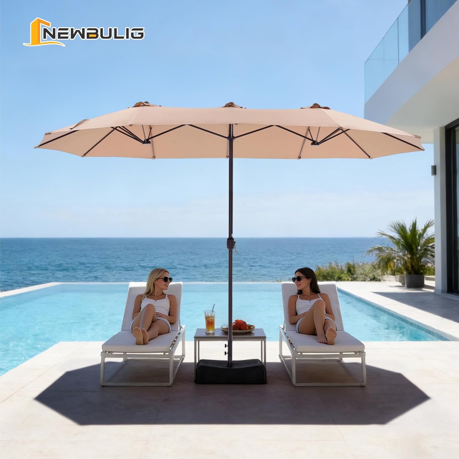 NEWBULIG 15ft Double-Sided Patio Umbrella, Extra Large Outdoor Market Umbrella with Cross Base, 12 Sturdy Ribs Triple Head Twin Canopy Umbrella with Crank for Garden, Backyard, Poolside