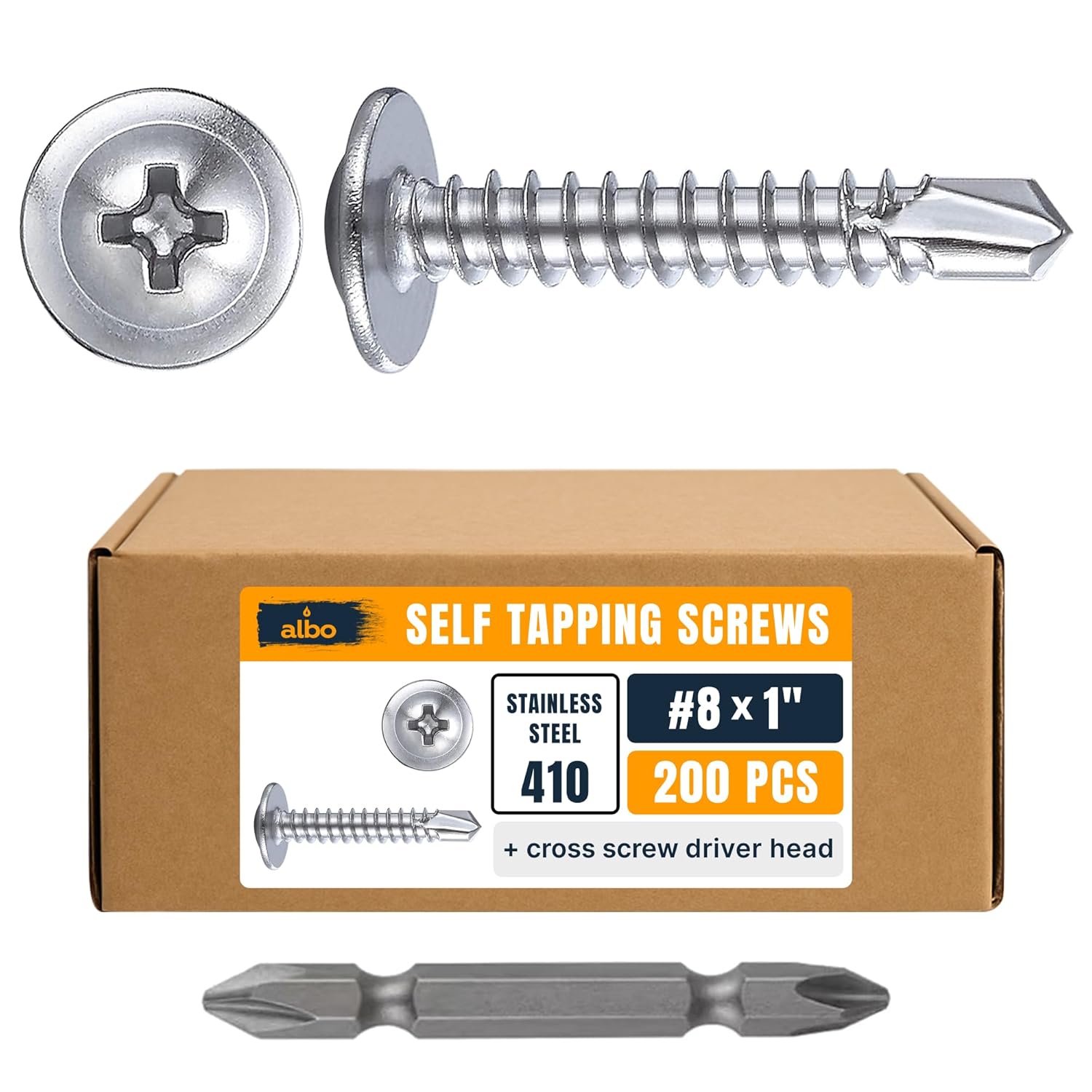 Albo 200 Tornillos Autoperforantes de Acero Inoxidable #8 x 1