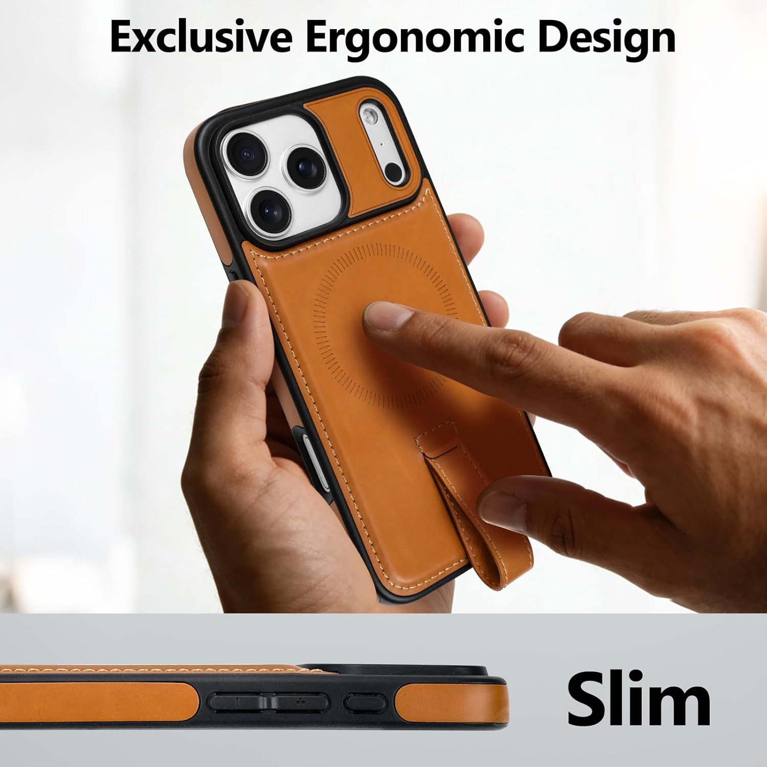 AIGOMARA Magnetic for iPhone 17 Pro Case Leather with Finger Strap, Compatible with Magsafe, Slim Luxury PU Non-Slip Grip Rugged Bumper Protective Shockproof Phone Cover, Brown