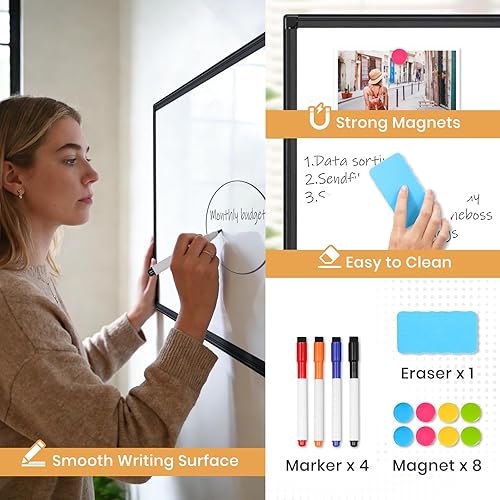 Miniatura 4 de Pizarrón magnético doble cara de 36"x24", pizarra blanca de borrado en seco para pared con marco de aluminio negro, tablero de presentación para