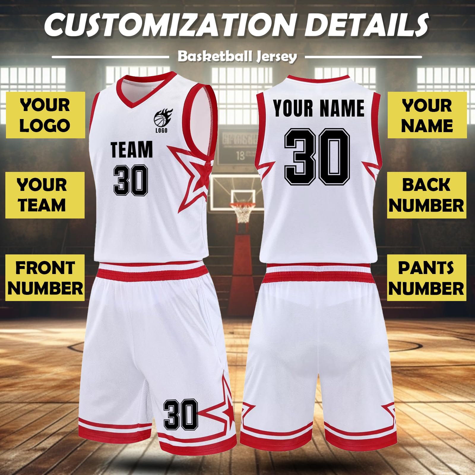 Générique Maillot de Basket Personnalisé,Tenue Basket Personnalisable Enfant Four Nom,Numéro et Logo,Ensemble Short Homme