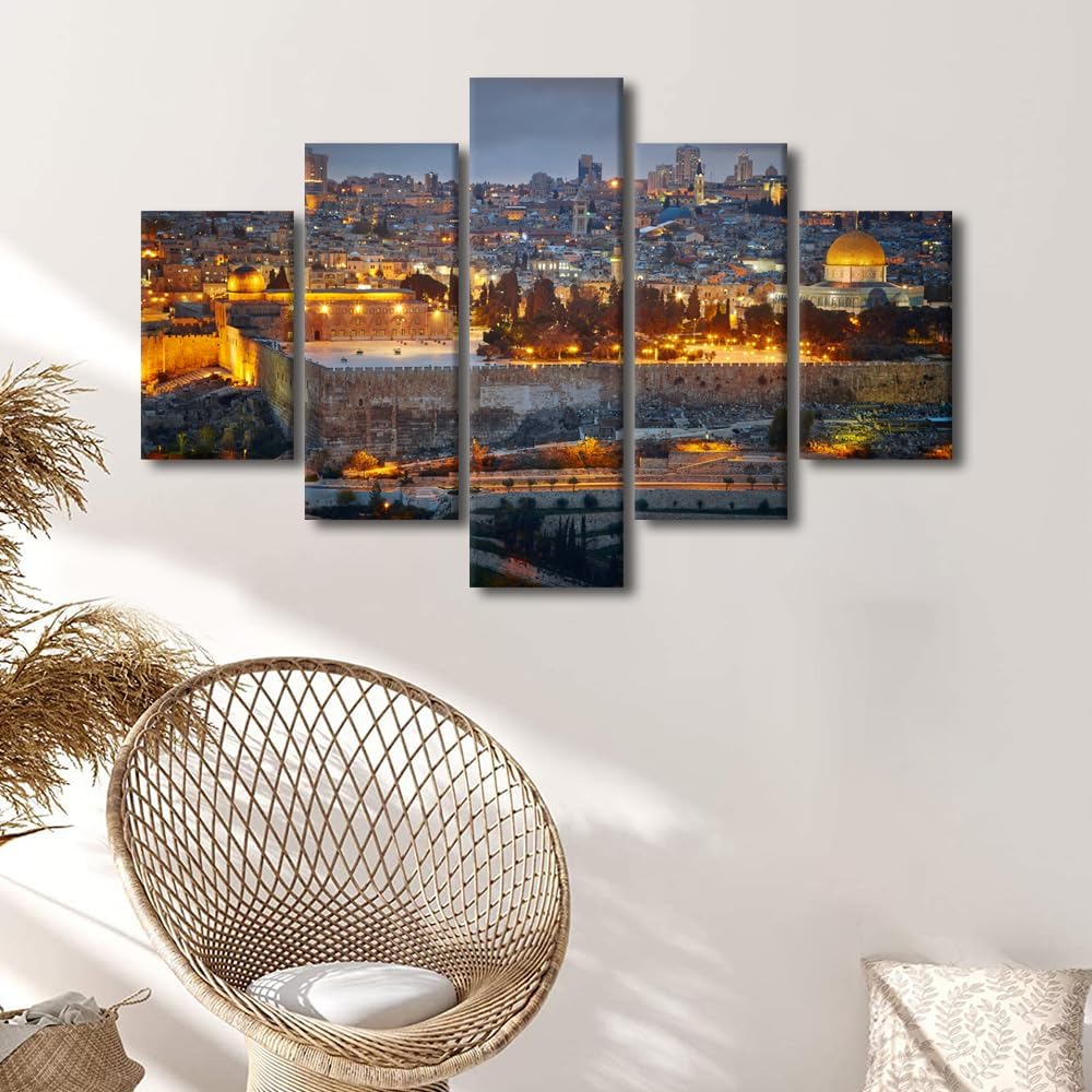 Jerusalem Wall Art 5 Pieces Canvas Judaism Religion Pictures HD Prints on Canvas Home Decor for Living Room Home Decor for Living Room Wooden Framed Gallery Wrapped Ready to Hang - 60" W x 40" H
