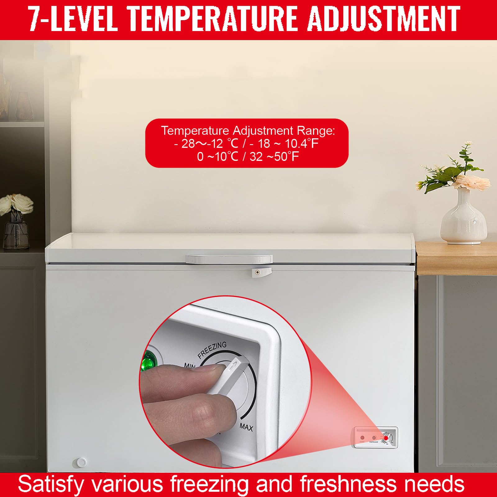 Happybuy Chest Freezer, 12.8 Cu.Ft / 345 L Large Deep Freezer; 4 Removable Baskets; Freestanding, Top Open Door, Locking Lid, 7-Level Temp, LED Light, 6 Wheels on Fridge.com - View 4