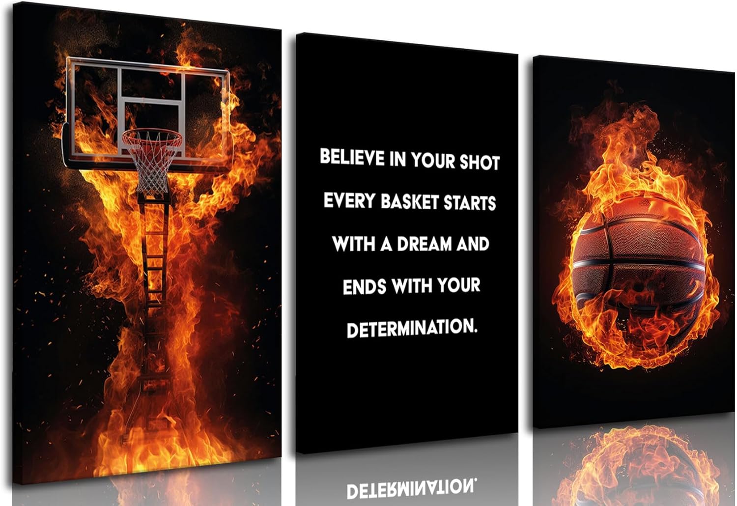 3Pcs Basketball Canvas Wall Art Basketball Court Black Wall Decor Picture flame Basketball Inspirational Quotes Poster Print Artwork for Gym Teen Boys Room Decortion 12x16in Framed