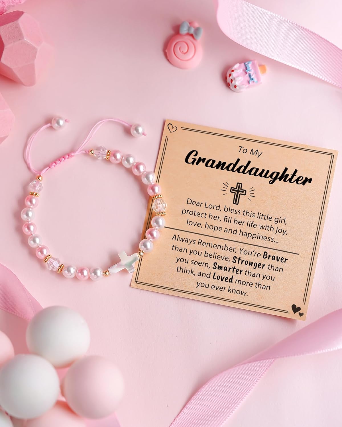 HGDEER Birthday Gifts for Girls, Adjustable Pink White Pearl Cross Bracelet for Girls Daughter Granddaughter Niece - Image 4