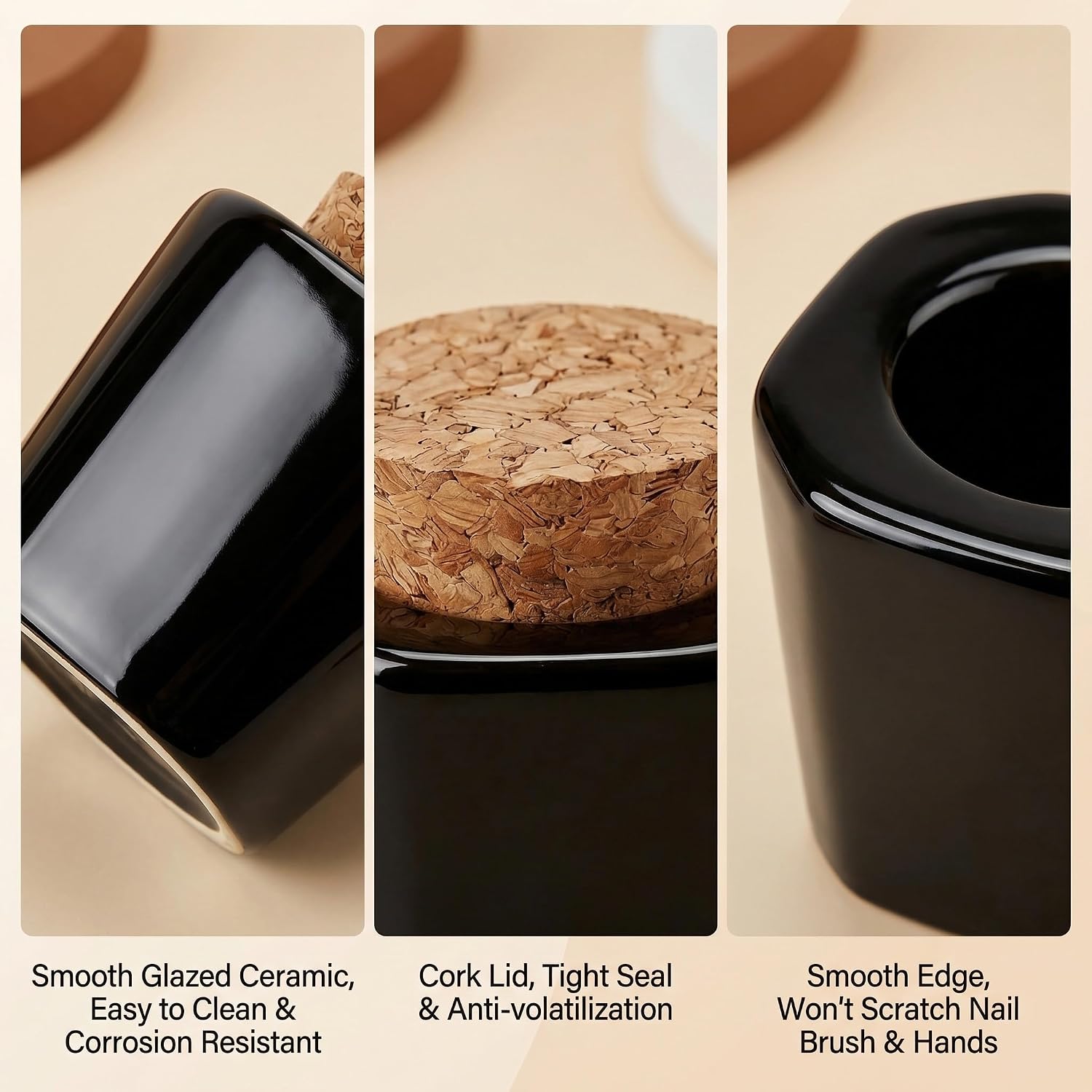 1 Pack Ceramic Nail Art Dappen Dish with Cork Lid, Black Smooth Glazed Acrylic Liquid Powder Cup, Mini Sealed Storage Jar for Nail Art Decor, Jewelry, Spices, Home & Salon Use