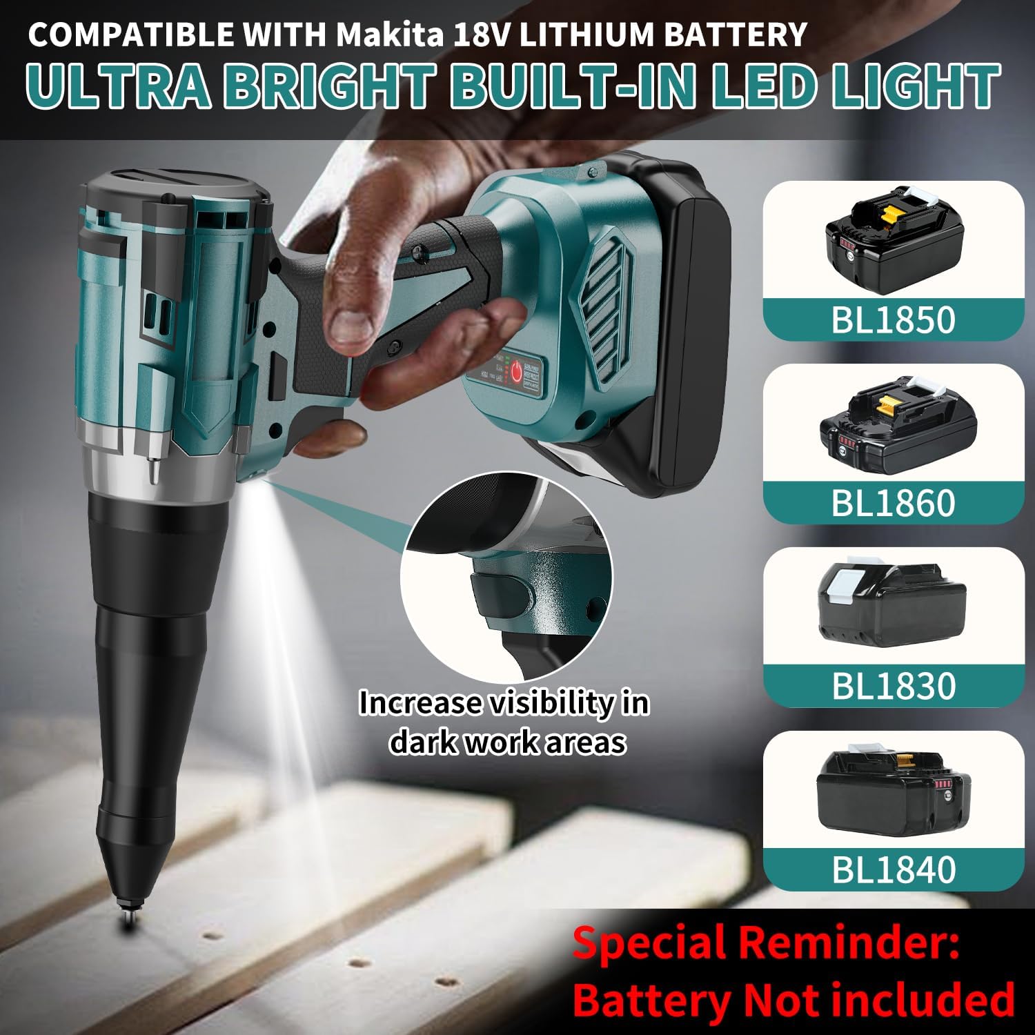 Electric Rivet Gun Compatible with Makita 18V Battery,Cordless Rivet Tool with 3 Size (1/8", 5/32", 3/16"),Brushless Pop Rivet Gun Kit for Autorepair DIY (No Battery)
