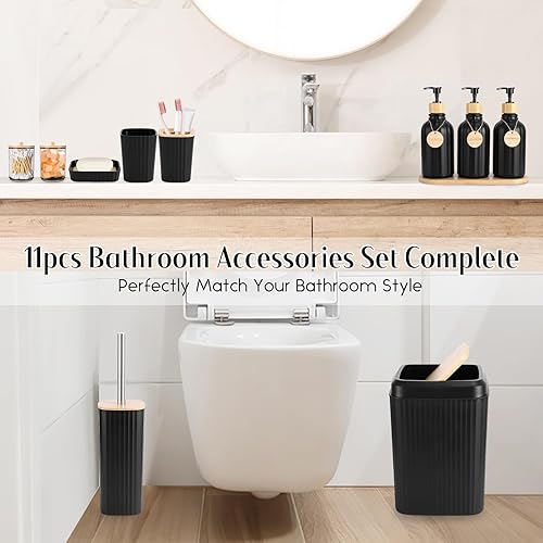 Miniatura 5 de Juego de accesorios de baño negros de 17 piezas con bote de basura, dispensador de jabón de loción, soporte para cepillos de dientes, jabonera, vaso