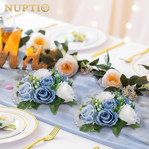 Miniatura 3 de NUPTIO Centros de Mesa Florales de Boda para Mesas Bola de Flores Artificiales Azul Polvoriento y Blanco para Bodas y Fiesta - 2 Piezas de Arreglos