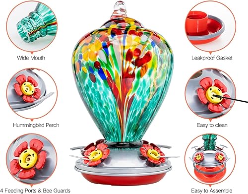 Vista 25 de Muse Garden - Comedero para colibríes para exteriores, vidrio soplado a mano, 34 onzas, foso de hormigas incluido, Comet cometa