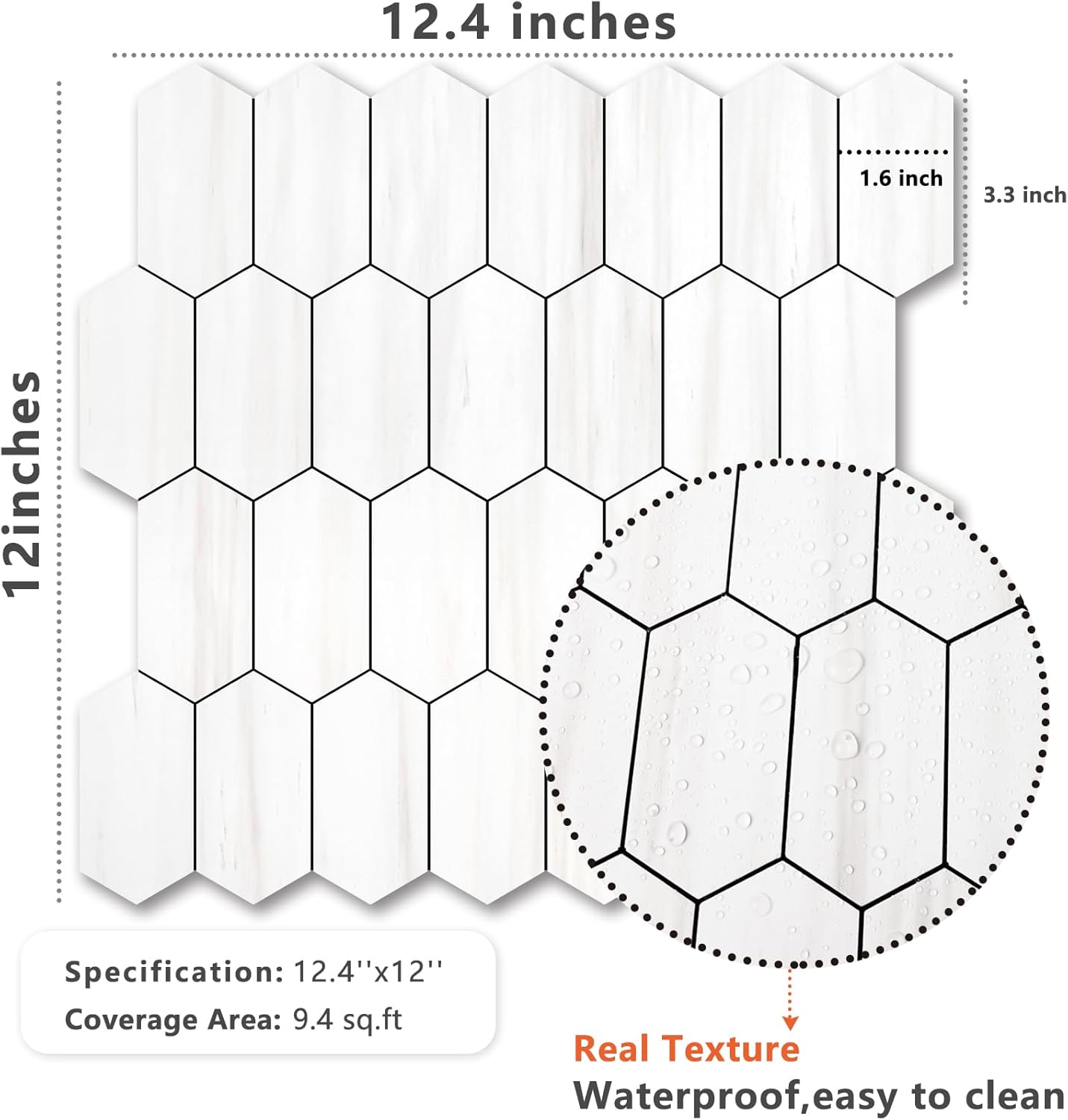 Vamos Tile Long Hexagon Peel and Stick Backsplash Tile - 10 Sheets Stick on Backsplash for Kitchen and Bathroom 12.4 x 12 Inch Dolomite Marble Look PVC Self Adhesive Mosaic Wall Tiles
