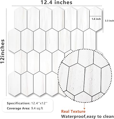 Vista 28 de Vamos Tile Azulejos hexagonales largos para despegar y pegar, 10 hojas para pegar en la pared del muro para la cocina y el baño, Calacatta dorado
