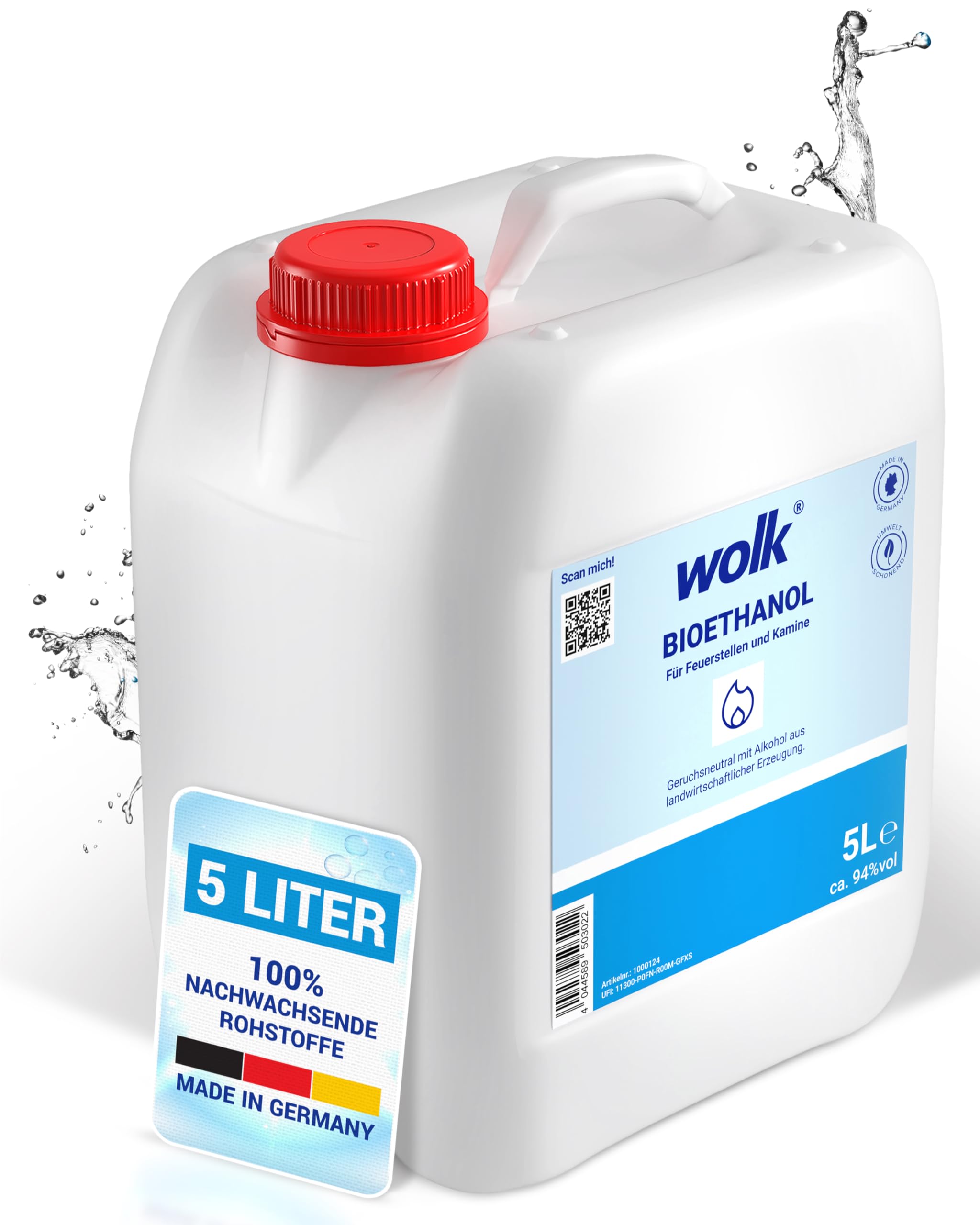 wolk Bioethanol 5L – Ethanol Kamin Brennstoff, Rußfrei & Geruchsneutral | Bio Ethanol 94% vol. aus nachwachsenden Rohstoffen Indoor & Außenbereich