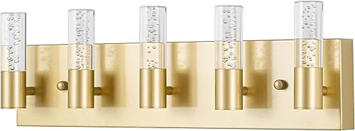 Lámparas de tocador de baño sobre espejo, revestimiento de acabado dorado cepillado, 5 apliques de pared para baño