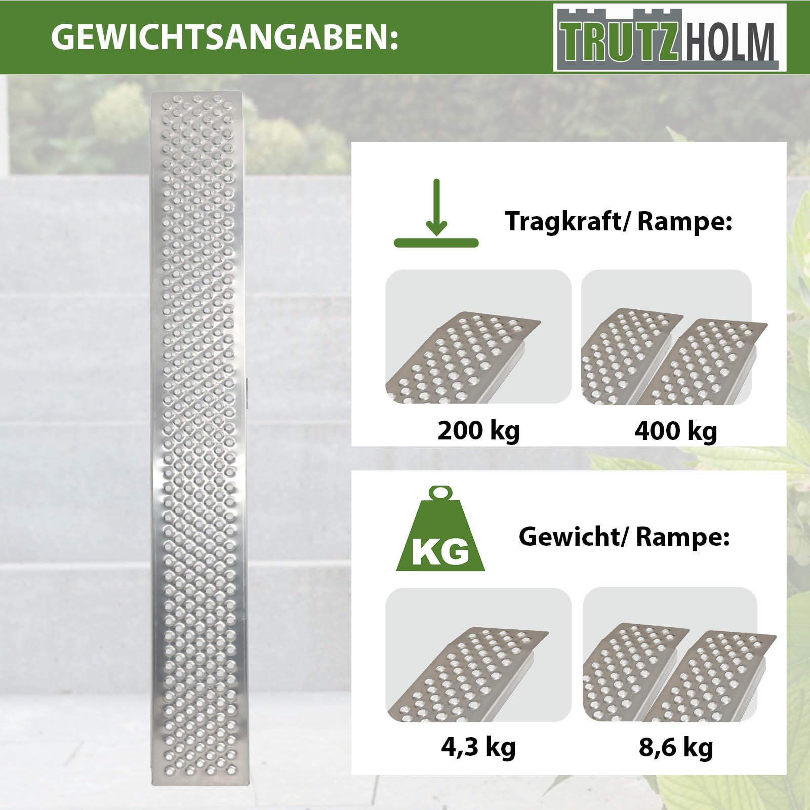 TRUTZHOLM Auffahrrampe Aluminium Länge 200 cm Auffahrbreite 22 cm Tragkraft 200 kg gelochte Lauffläche Rampe starr für Fahhrad E-Bike Motorradrampe für leichte Motorräder Mopeds Mofas Verladerampe
