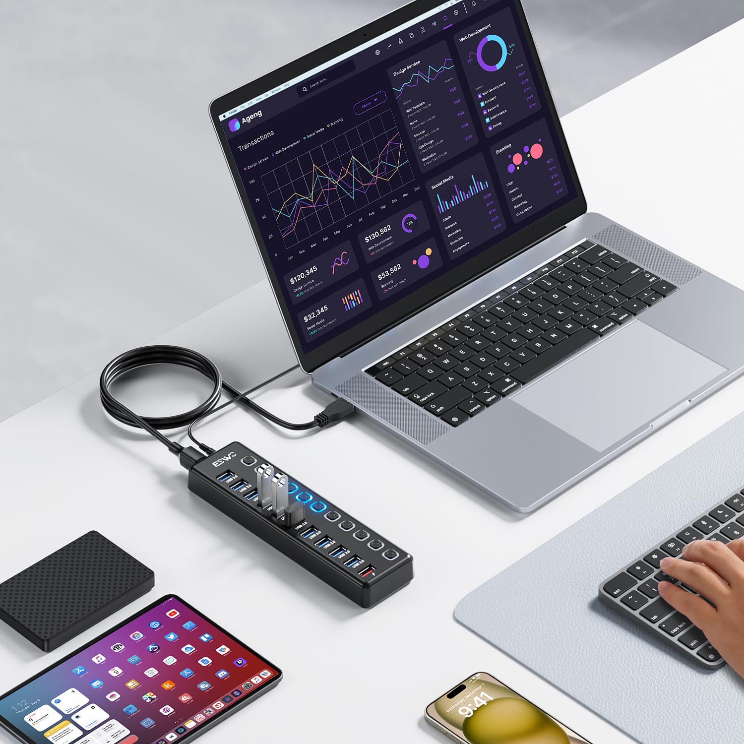 JESWO - Hub USB 3.0 de 11 puertos, 10 puertos USB 3.0 de transferencia de datos + 1 puerto de carga inteligente, concentrador USB alimentado con interruptores LED individuales de encendido/apagado y