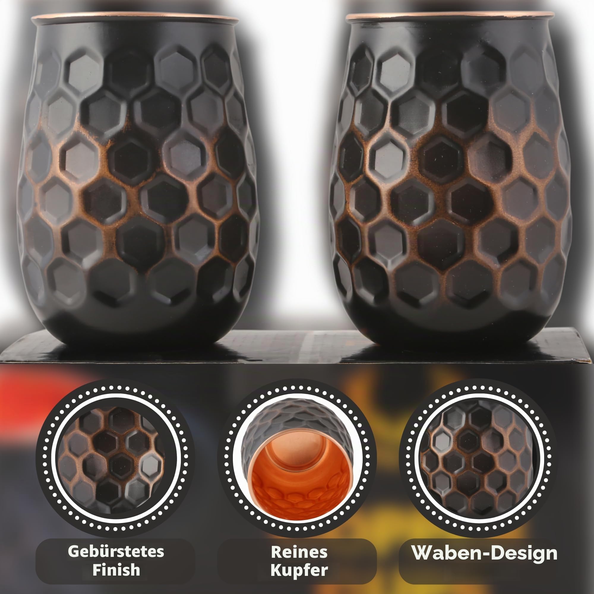 STAGLIFE Waben-Becher aus reinem Kupfer, 473 ml, für Trinkwasser, Becher, Gläser, 2er-Set, massives Moscow Mule, hoch, schwarz, Becher ohne Griff, gebürstet/groß, ungefüttert