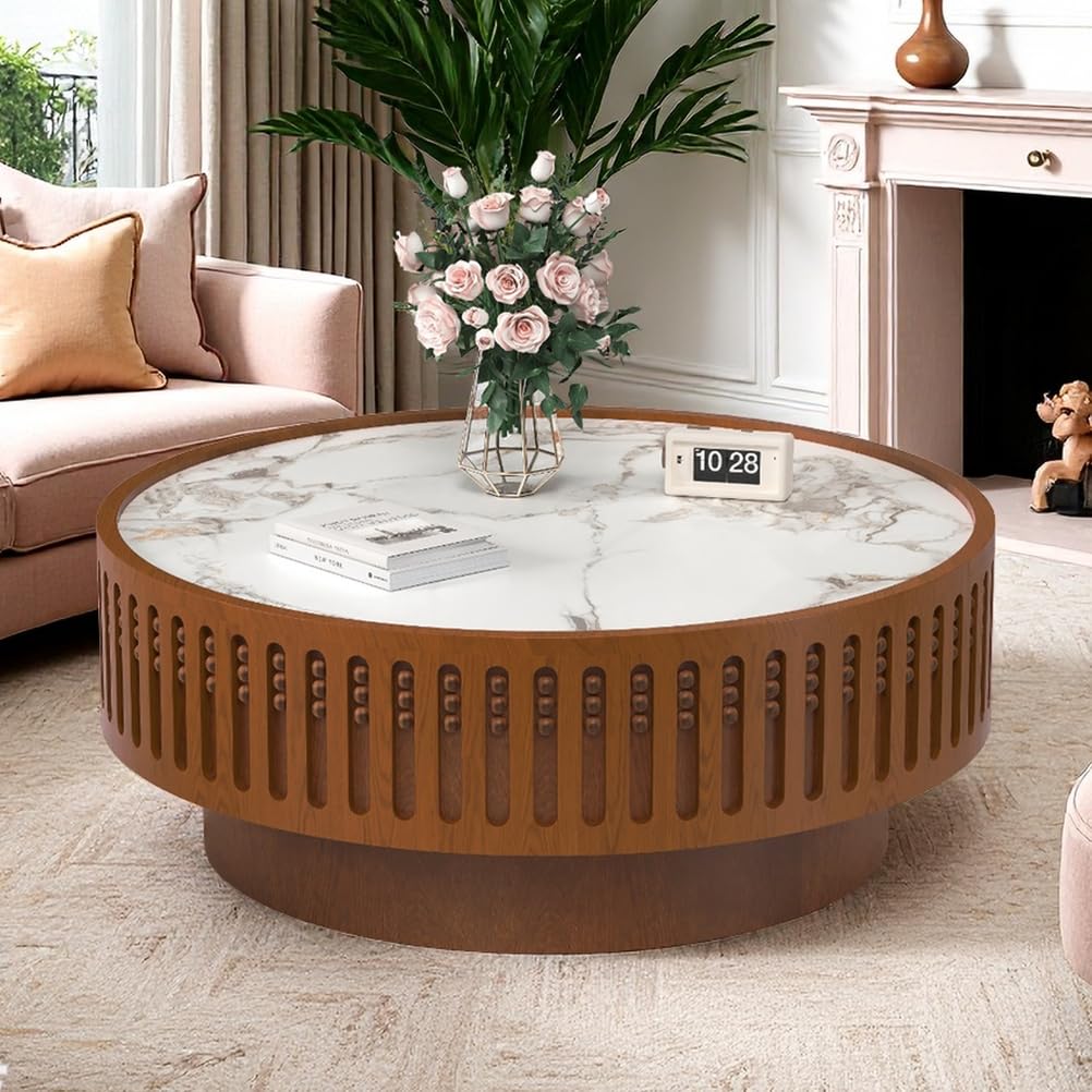 Table basse ronde 90 cm en pierre frittée et bois cannelé JHKZUDG