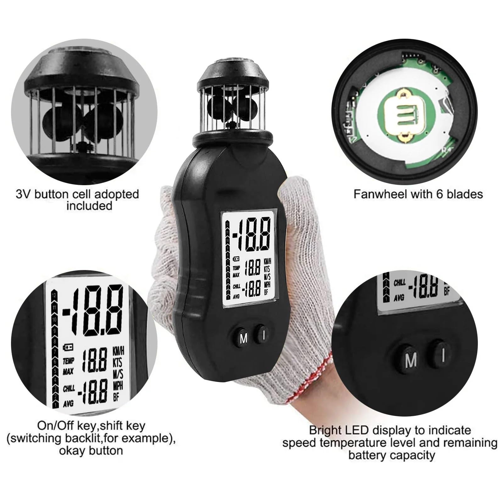 Anemómetro digital portátil, medidor de velocidad del viento, de bolsillo for medir la velocidad de las salidas de aire y for fotografía en veleros, HP-876