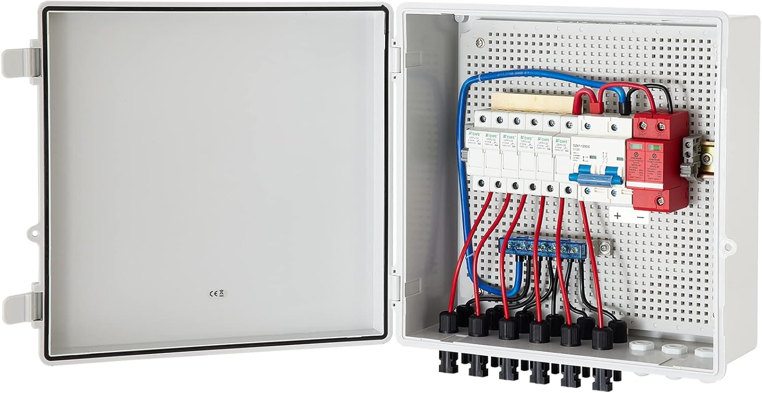 VEVOR PV Combiner Box, 6 String, Solar Combiner Box with 15A Rated Current Fuse, 125A Circuit Breaker, Lightning Arreste and Solar Connector, for On/Off Grid Solar Panel System, IP65 Waterproof : Patio, Lawn & Garden