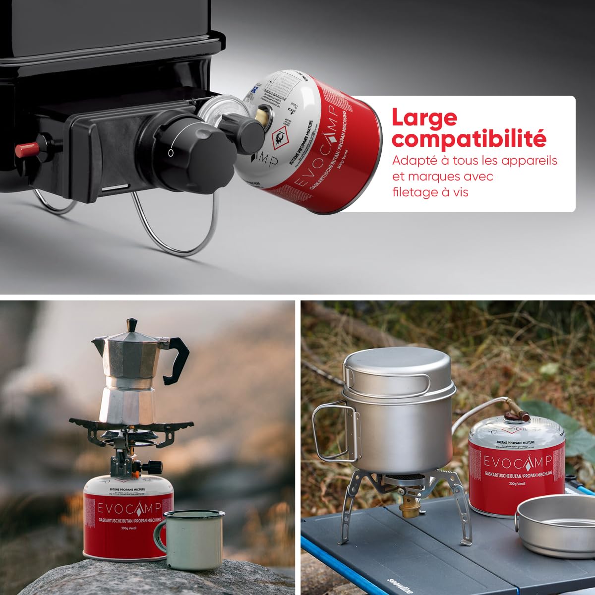 EVOCAMP 10X Cartouches de gaz Propane Butane 300g, Valve à vis avec Filetage européen 7/16", Cartouches à Valve 539ml avec Fermeture de sécurité Automatique