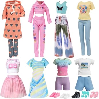 20 Doll Clothes and Accessories for 11.5 Inch Dolls, 2 Hoodie Sets 2 Casual Outfits 2 Sports Skirts 2 Sets with Short Sleeve 