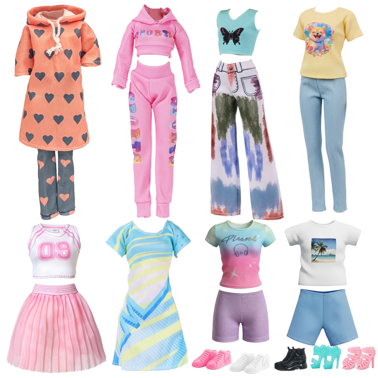 20 Pcs Doll Clothes for 11.5 Inch Dolls Compatible with Barbie, Include 2 Hooded Sweatshirt Set 2 Casual Outfits 2 Sport Dress 2 Short Sleeved Shorts Set 5 Shoes for Girls Gift