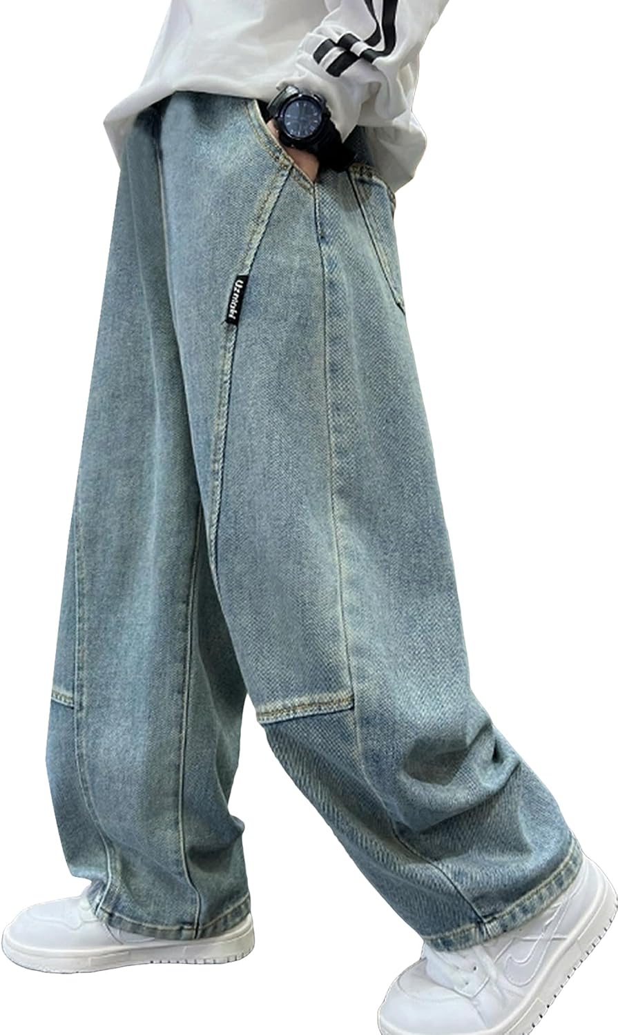 Happy Cherry Boys Baggy Denim Pants Straight Wide Leg Jeans Elastic Waist Washed Jean Pant 4-14 Years