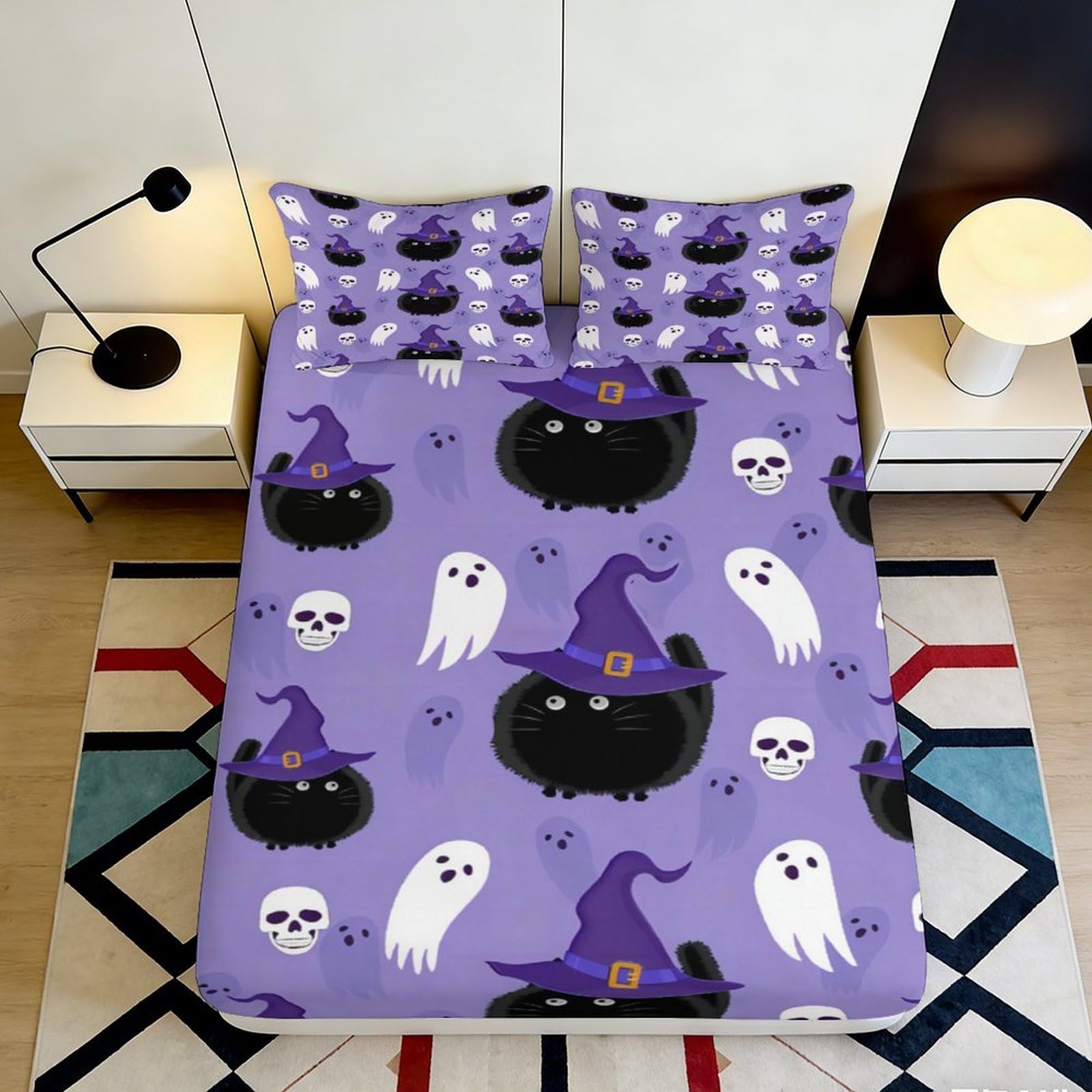 3D Printed Halloween Witch Cat Fitted Sheet Microfiber Soft Ghost Bed Sheet for Bedroom Dorm Decor Protection 90x200x25cm