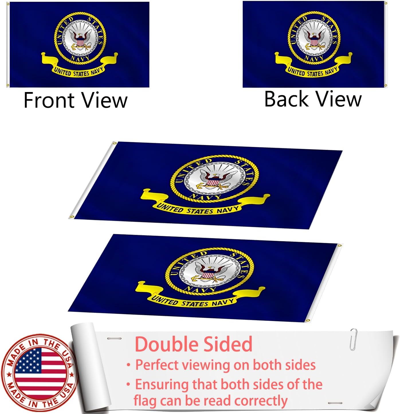 Embroidered Navy Emblem Military Flag 3x5 Outdoor Made in USA - Double Sided 300D Heavy Duty Nylon Vivid Color United States Navy Flags with 2 Brass Grommet - Image 4