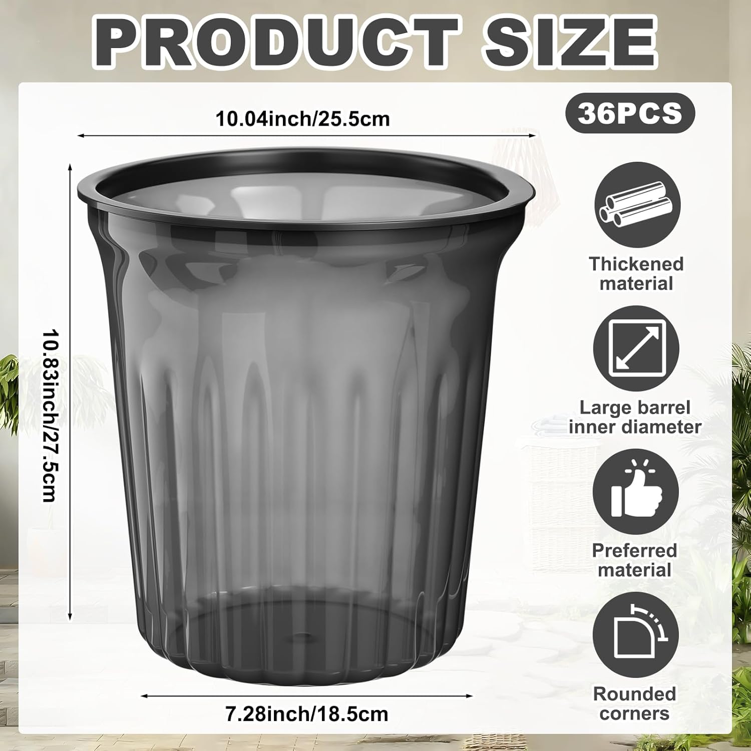36 Pack Small Round Trash Cans Bulk, 2.6 Gallon Translucent Black Wastebaskets with Bag Concealer Ring, Upgraded Thick Cylinder Garbage Bin for Office Under Desk, Dorm and Bathroom