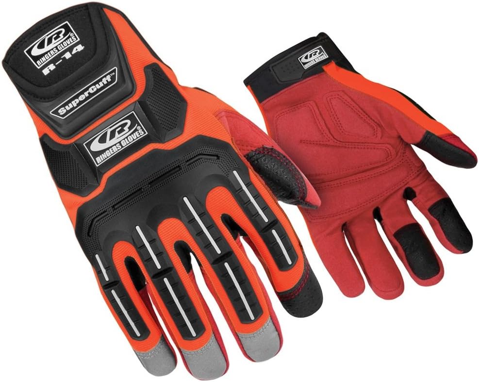 Ringers Gloves R-14 Mechanics Orange, Cut and Impact Protection, Padded Palm, Small