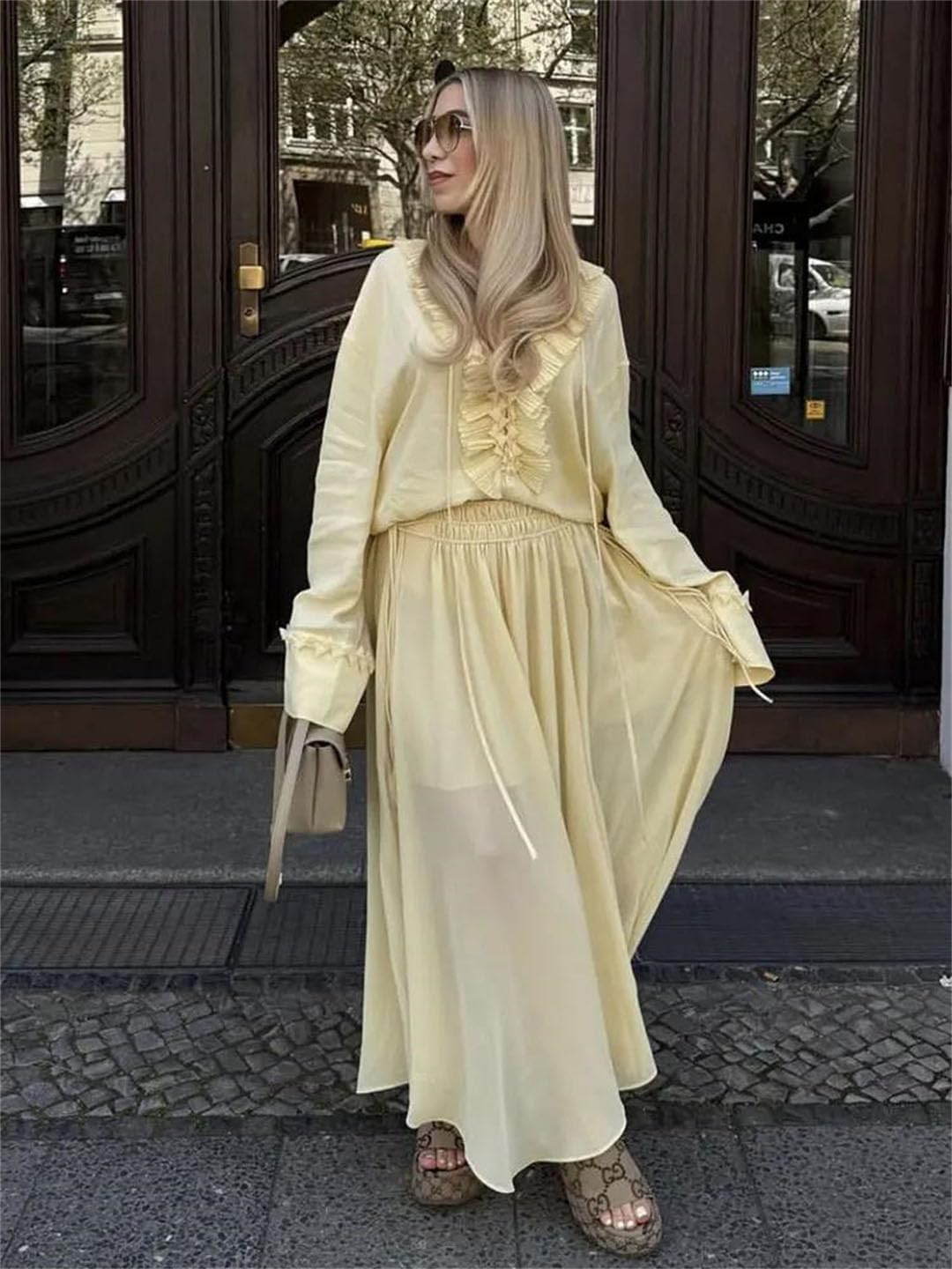 Women Ruffles Lace-Up Blouse Skirt Long Sleeve V-Neck Midi Skirt Two-Piece Set