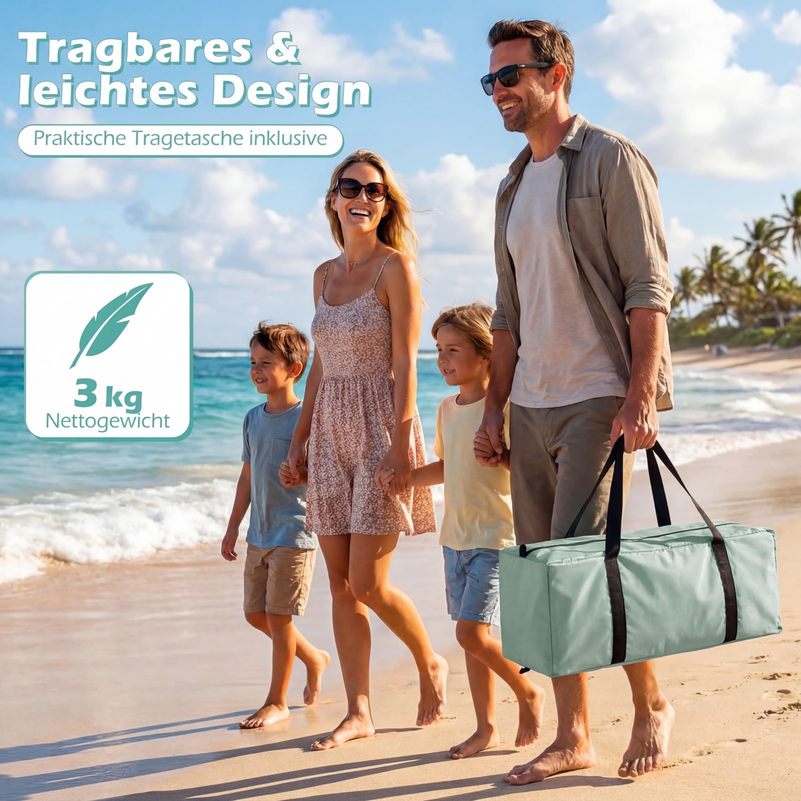 COSTWAY Strandmuschel mit Vordach, Strandzelt UV-Schutz 50+ mit Reißverschlusstüren & Netzfenstern, Zelt für 5-6 Personen inkl. Tragetasche & Heringe (260 x 150 x 160 cm,Grün)