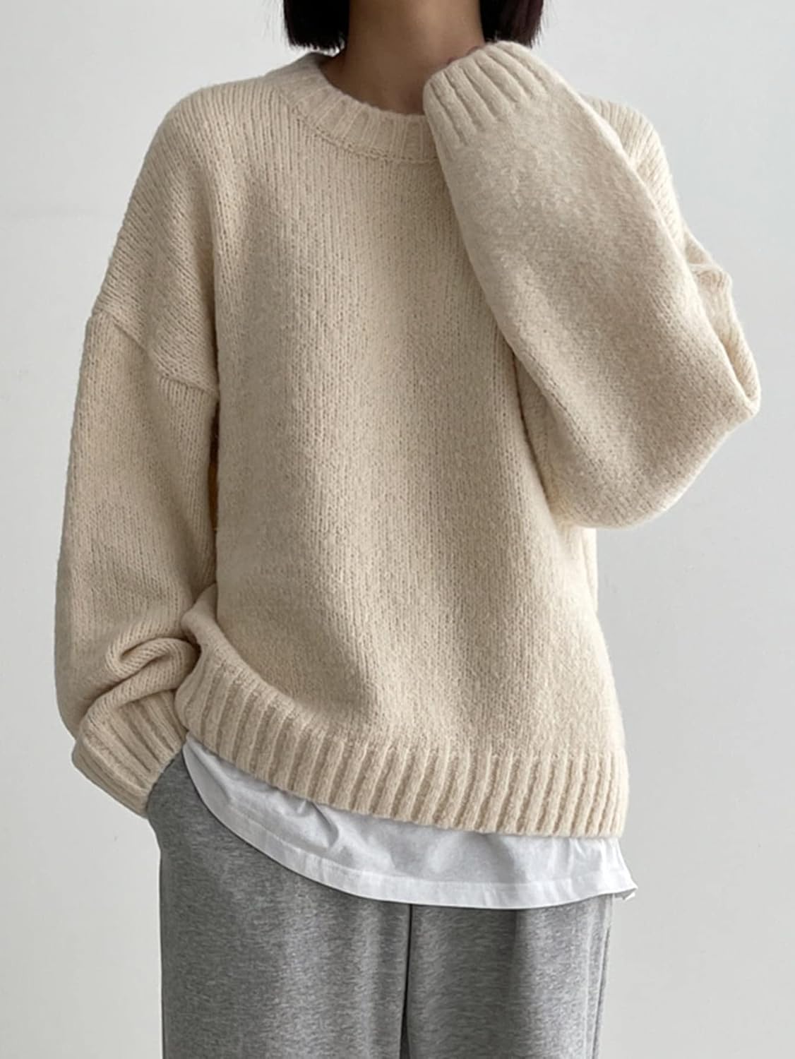 Women's Sweater 1pc Solid Drop Shoulder Sweater Sweater for Women (Color : Apricot, Size : Medium)