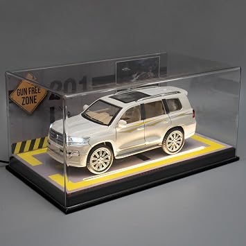 BDTCTK Leather Bottom Transparent Acrylic Display Box with Light Strip and Parking Scene Cardboard, Including 124 Land Cruiser Alloy Die-cast Pull Back Car with Sound & Light, Gift White