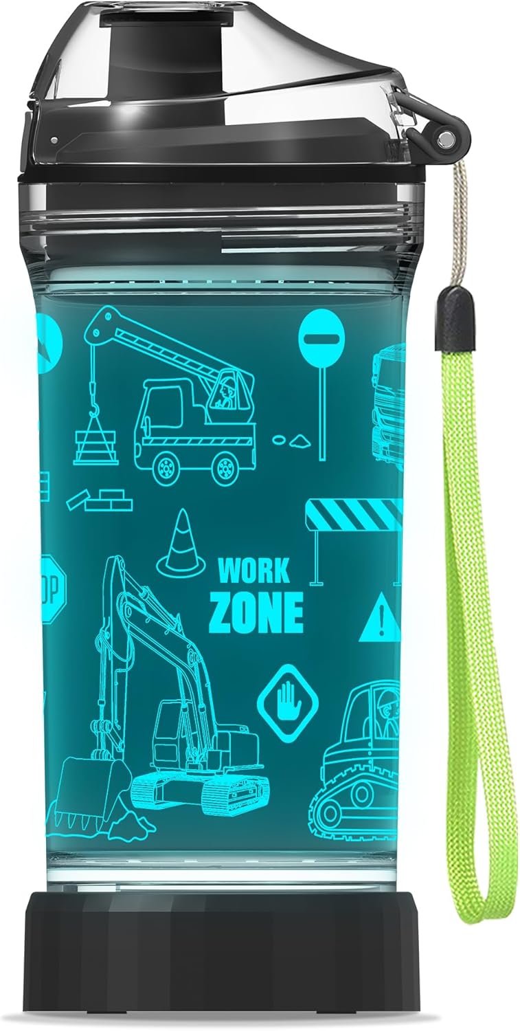 OkiyiD Kids Water Bottle, Tractor-themed Light-Up Sport Cup with 3D Glowing LED Tractor Light – 14 OZ Tritan BPA-Free - Camping, and Holidays (Tractor)