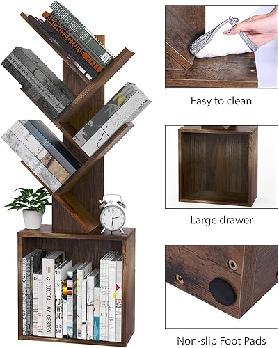 Miniatura 5 de Ochine Estantería de árbol, estantería pequeña de 5 niveles con cajón grande, estantería estrecha de madera para CDpelículaslibros, estante de pie