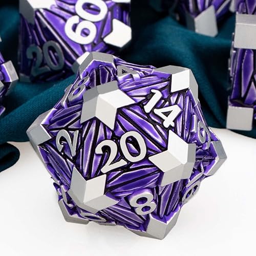 Miniatura 3 de ARUOHHA DND - Juego de dados de metal con fragmentos de cristal, dados D&D con caja de regalo, 7 dados poliédricos plateados y morados, juego de rol