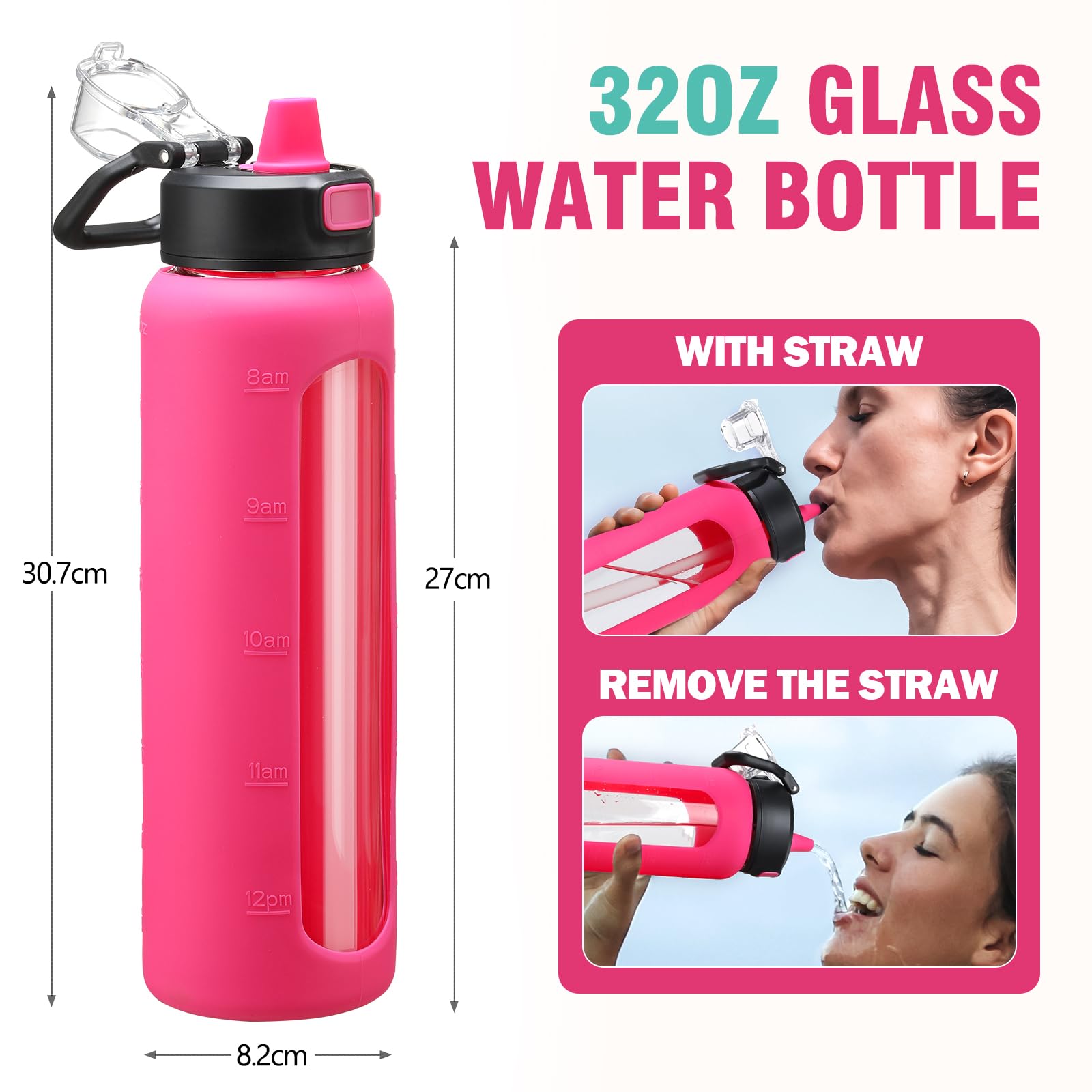 BLUEGO 900ml Bottiglia d'acqua in vetro con manico e cannuccia con manicotto in silicone per sport da palestra all'aperto Bottiglia d'acqua motivazionale a prova di perdite, Viola