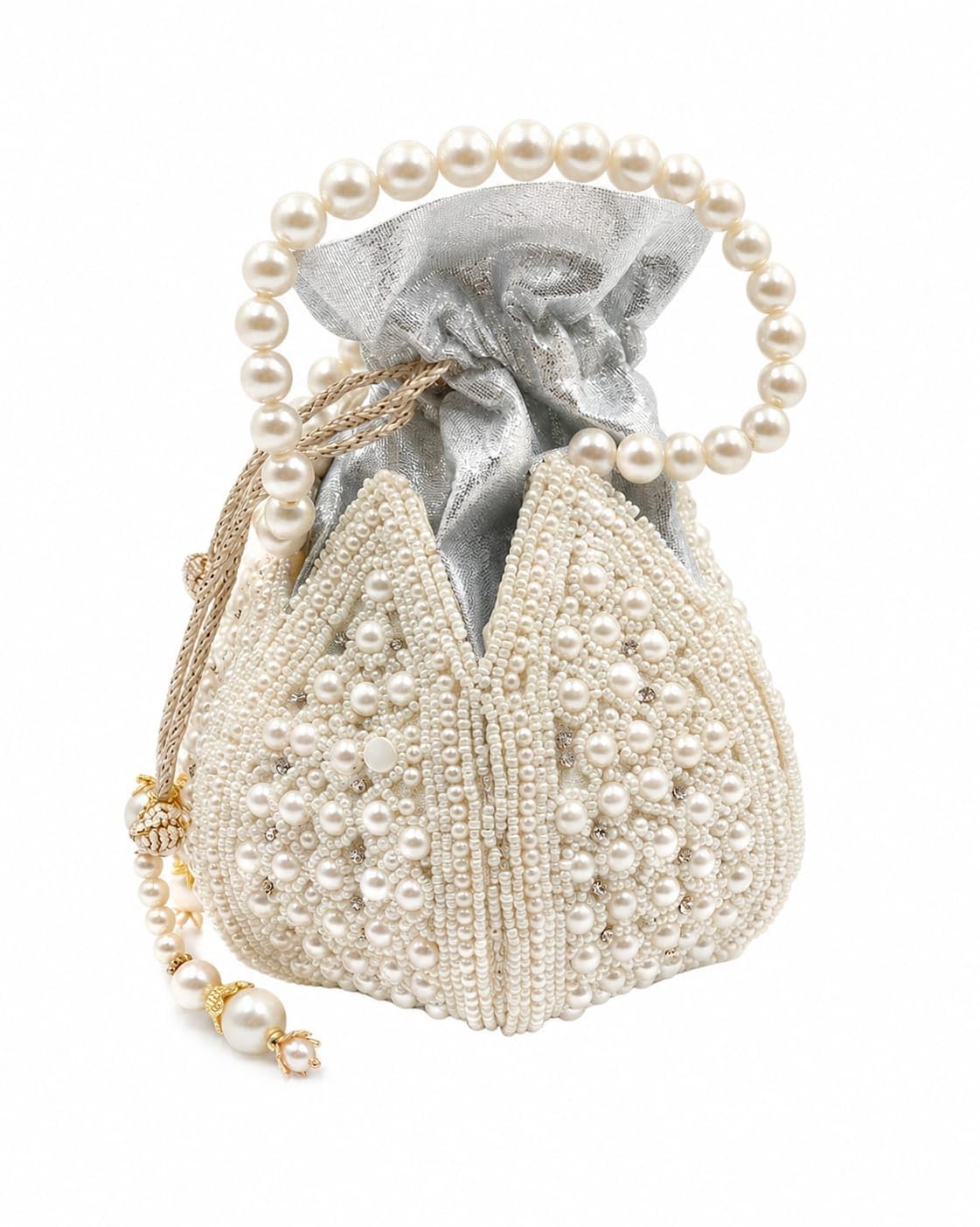 Pearl Beaded Potli Bag, Ivory, Drawstring Clutch with Pearl Handle, Bridal Wedding Purse-image-10