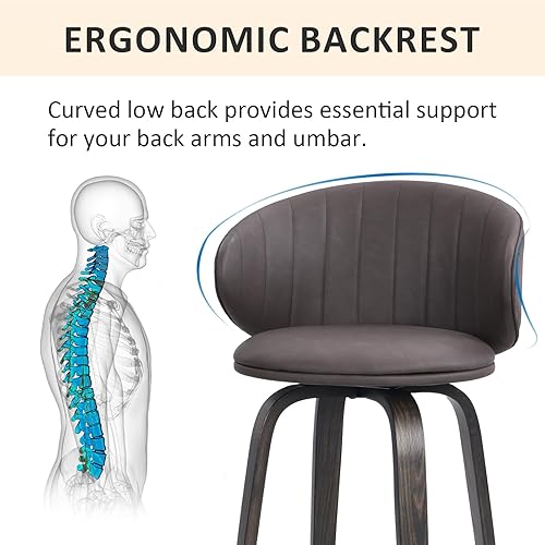 Miniatura 19 de Juego de 2 taburetes de bar modernos de madera curvada de mediados de siglo, taburetes giratorios de piel sintética con respaldo para encimera de