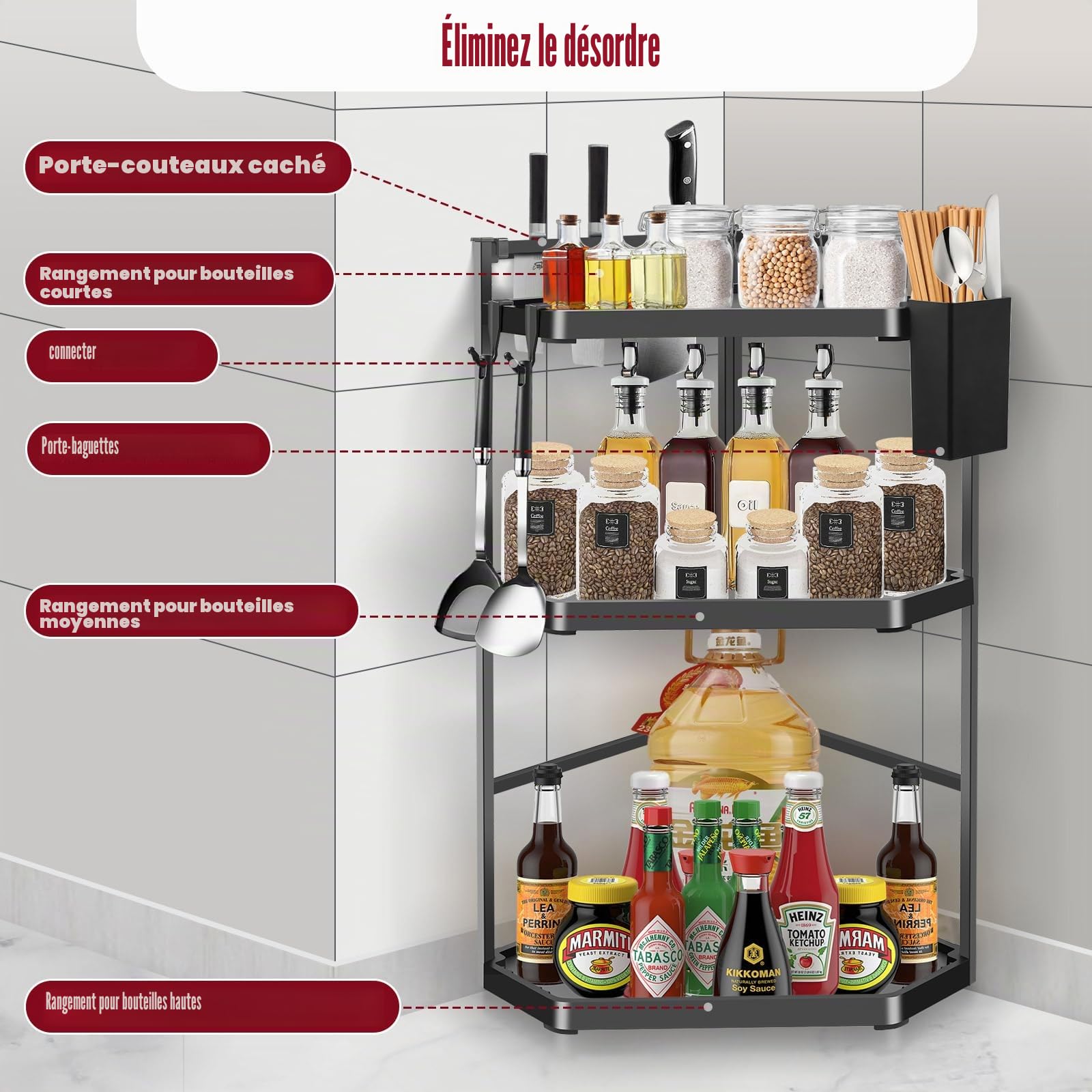 Étagère de cuisine d'angle réglable à 3 étages - 60 cm - Extra large - Étagère à épices murale triangulaire en acier inoxydable - Organiseur pour cuisine et salle de bain