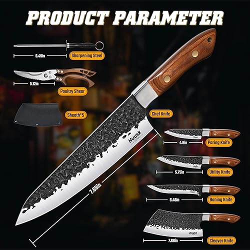 Miniatura 7 de Huusk Juego de cuchillos de carnicero, juego de 7 cuchillos de chef japoneses con bolsa, cuchillos vikingos forjados a mano y cuchillos de chef,